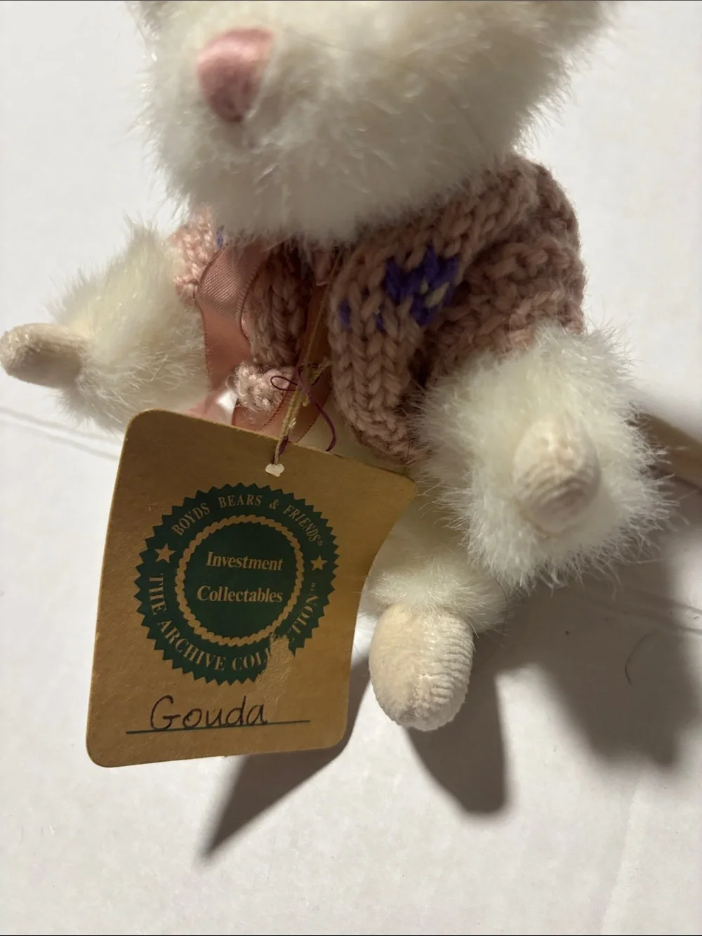 Boyds Bears Vintage Gouda   Cream & Pink Mousie Plush in Knit Sweater